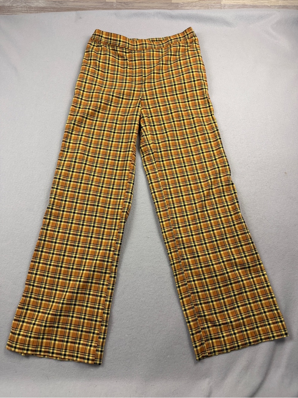 Urban Outfitters Colette Wide Leg Plaid Pants Yellow Brown Size M Pull On - Picture 1 of 9